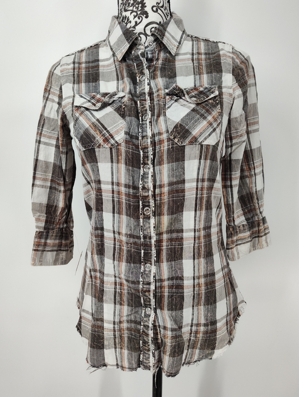 Overdrive Women's Brown Plaid 3/4 Sleeve Button-Down With Snaps Shirt Size Small